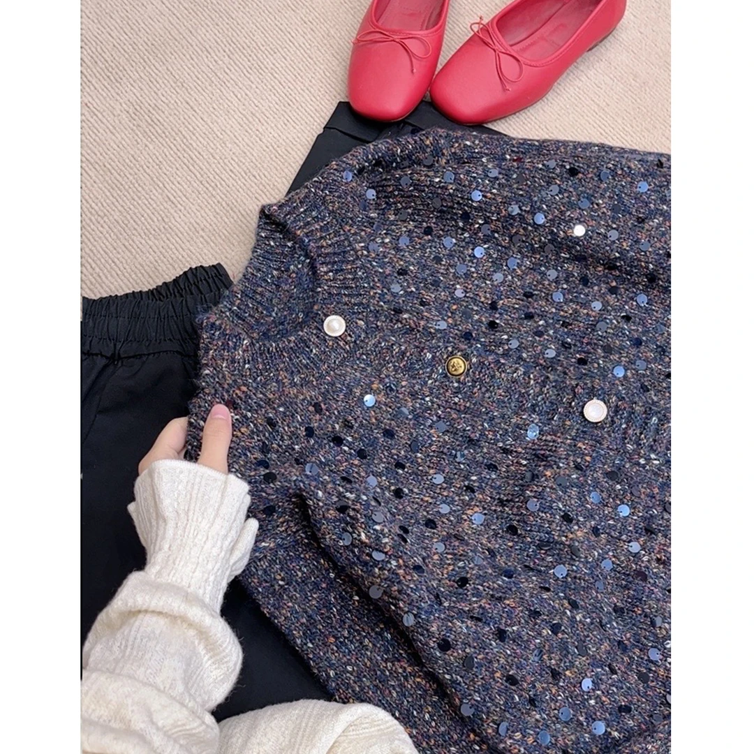 【幻彩亮片开衫】圆领幻彩纱亮片针织开衫韩版毛衣外套 HZ-021(清）