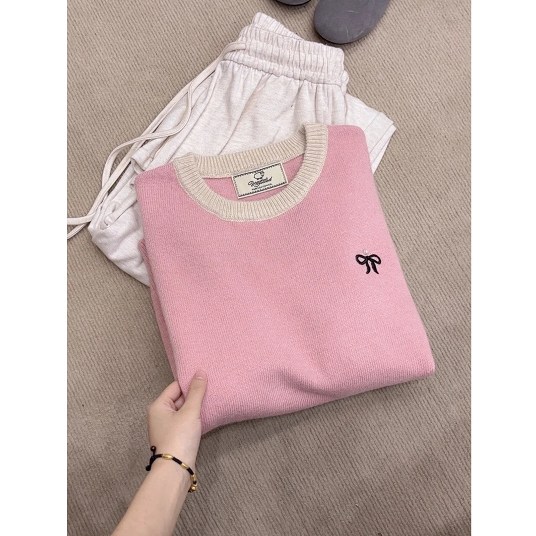 【蝴蝶结钉珠】圆领撞色针织套头女新款毛衣打底衫  HZ-015(清）