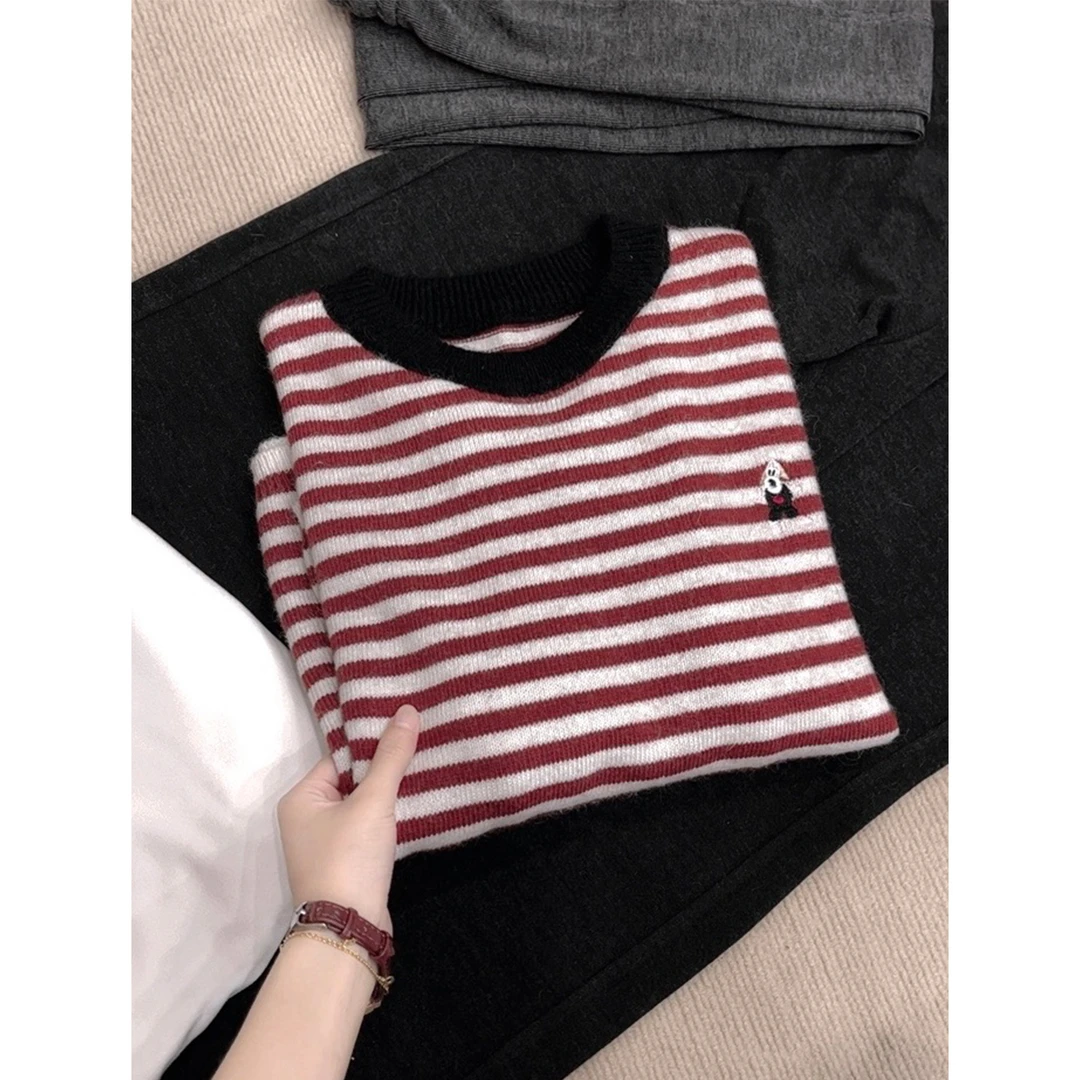 【小狗条纹浣熊】圆领针织衫女新款毛衣打底衫 FF-002