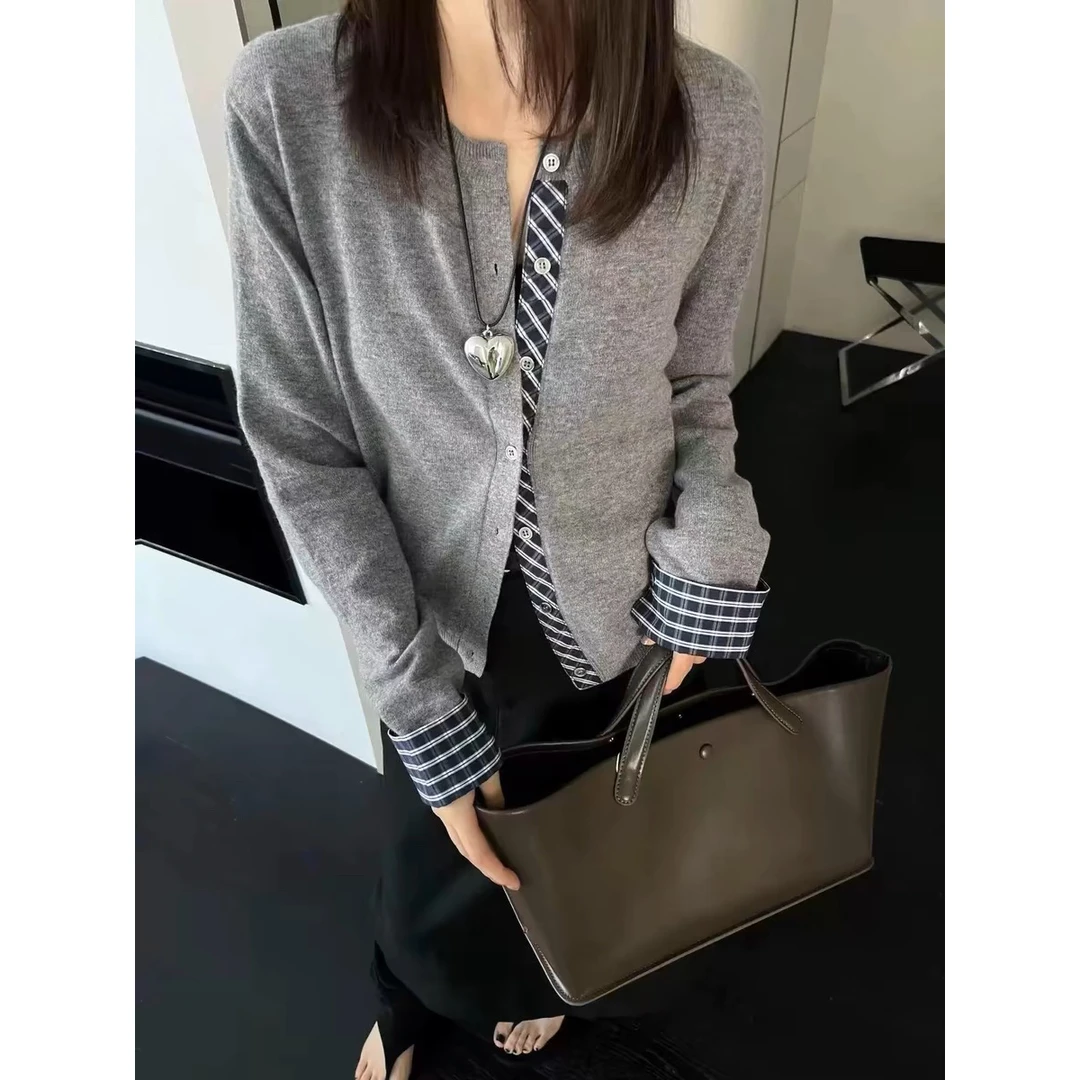 【布袖拼接】圆领针织开衫女秋冬新款毛衣外套   HZ-006