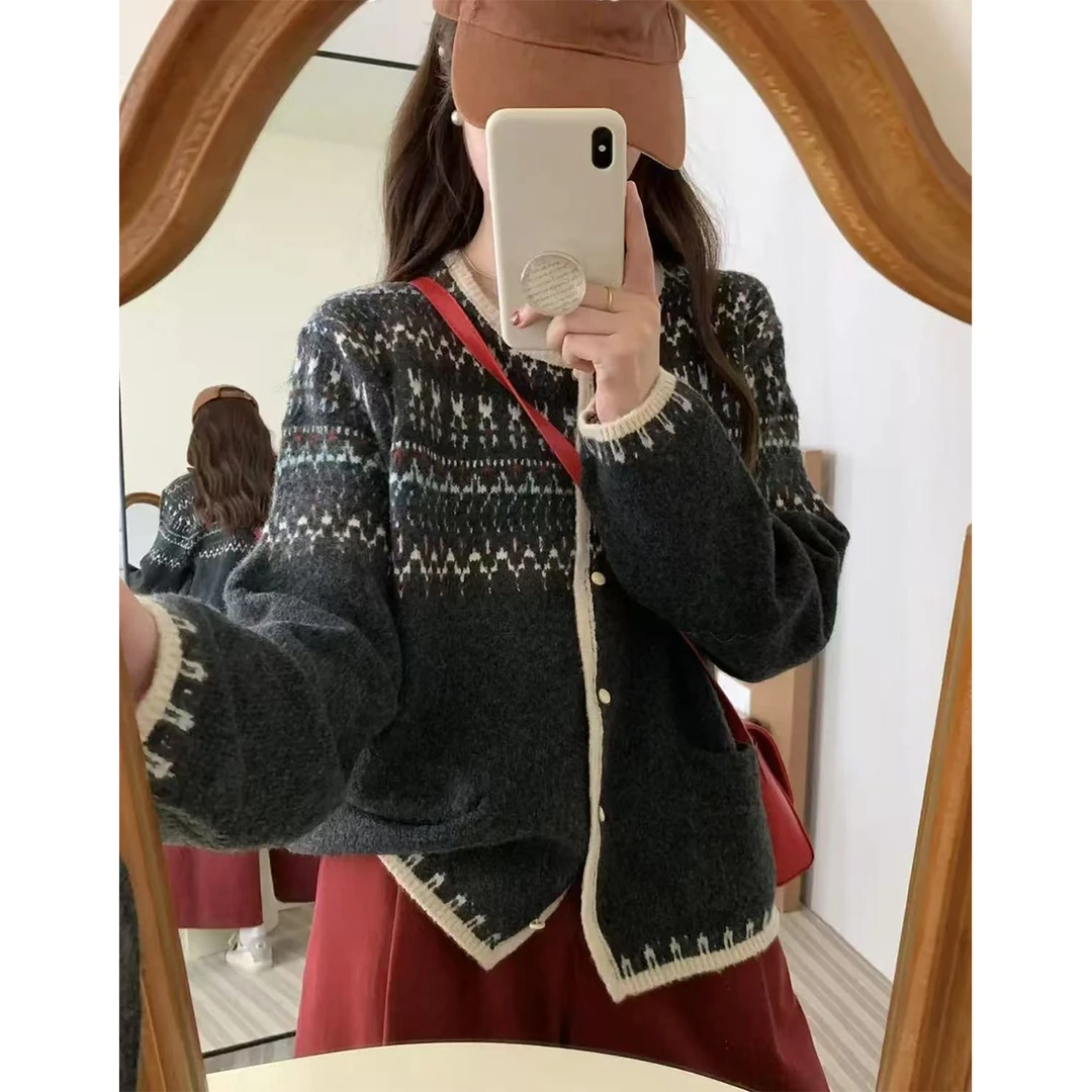 【费尔岛提花】圆领短款针织开衫女复古提花韩版毛衣外套DM-005