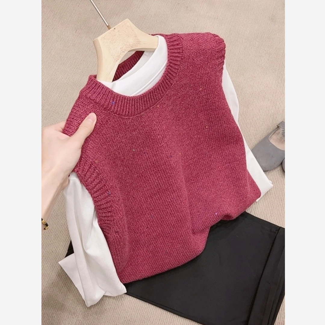 【亮片马甲】圆领纯色亮片针织马甲女韩版宽松外搭 XO-018