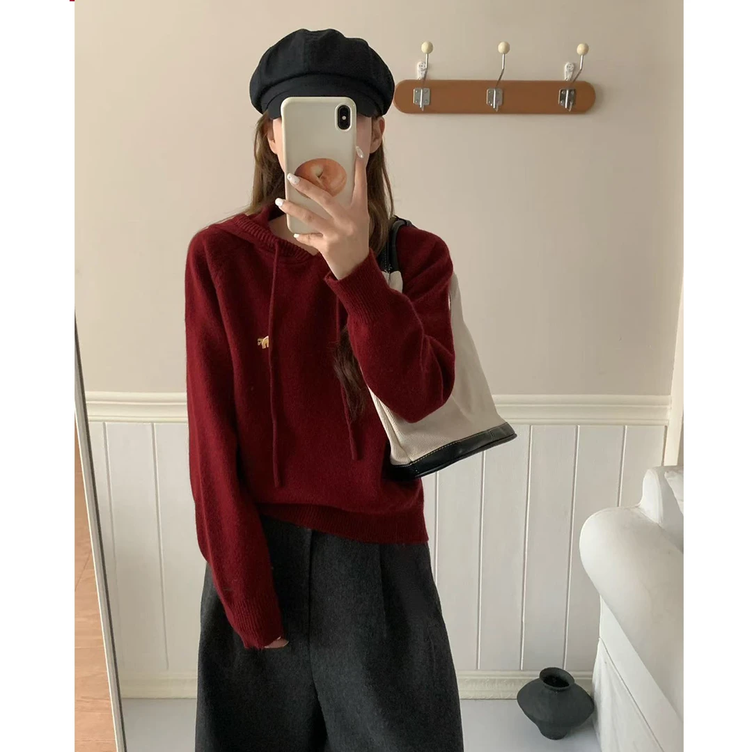 孤品【连帽小马】纯色连帽套头小马刺绣针织衫女宽松毛衣外搭