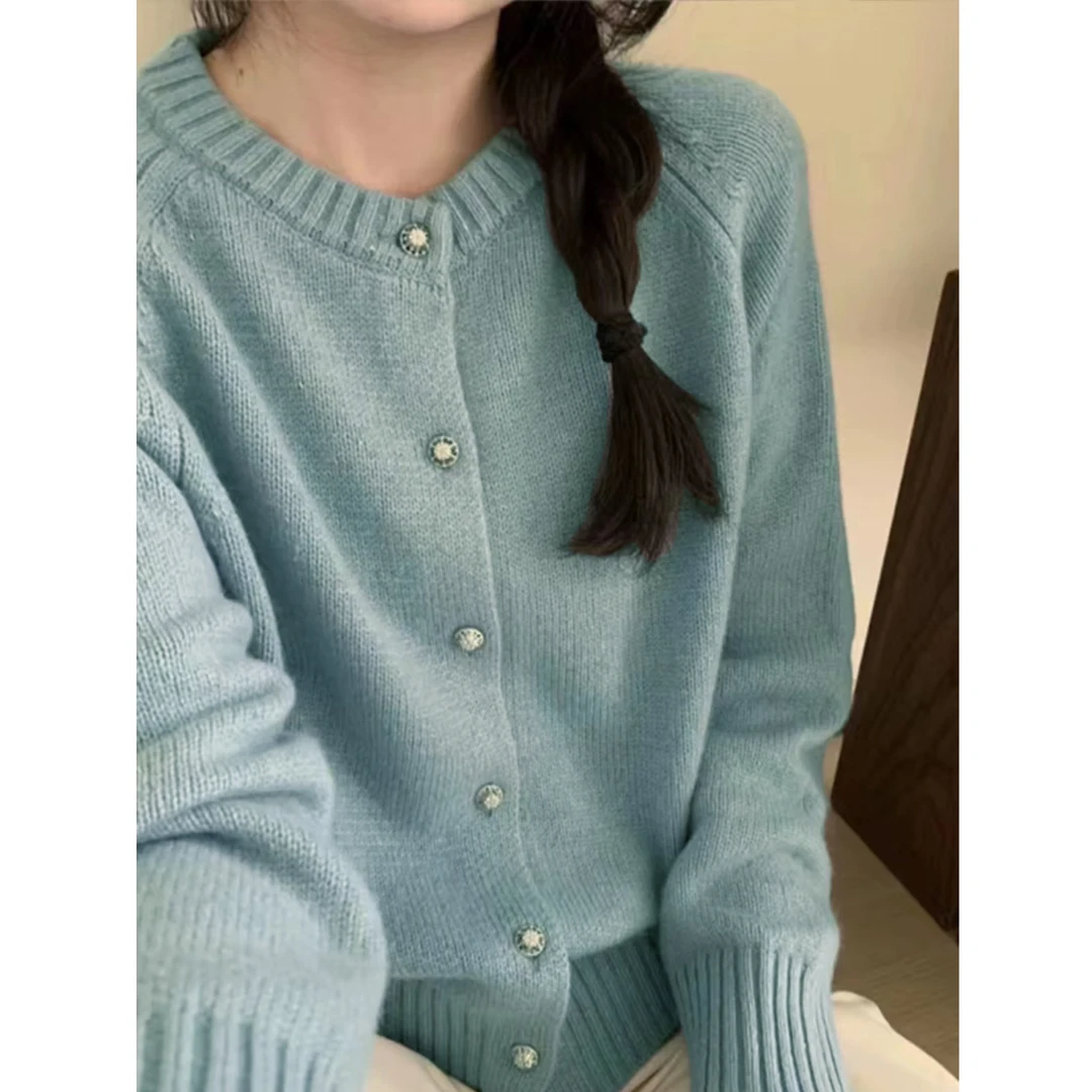 【金属纽扣】圆领纯色针织开衫女韩版宽松短款毛衣外套 GZ-3016