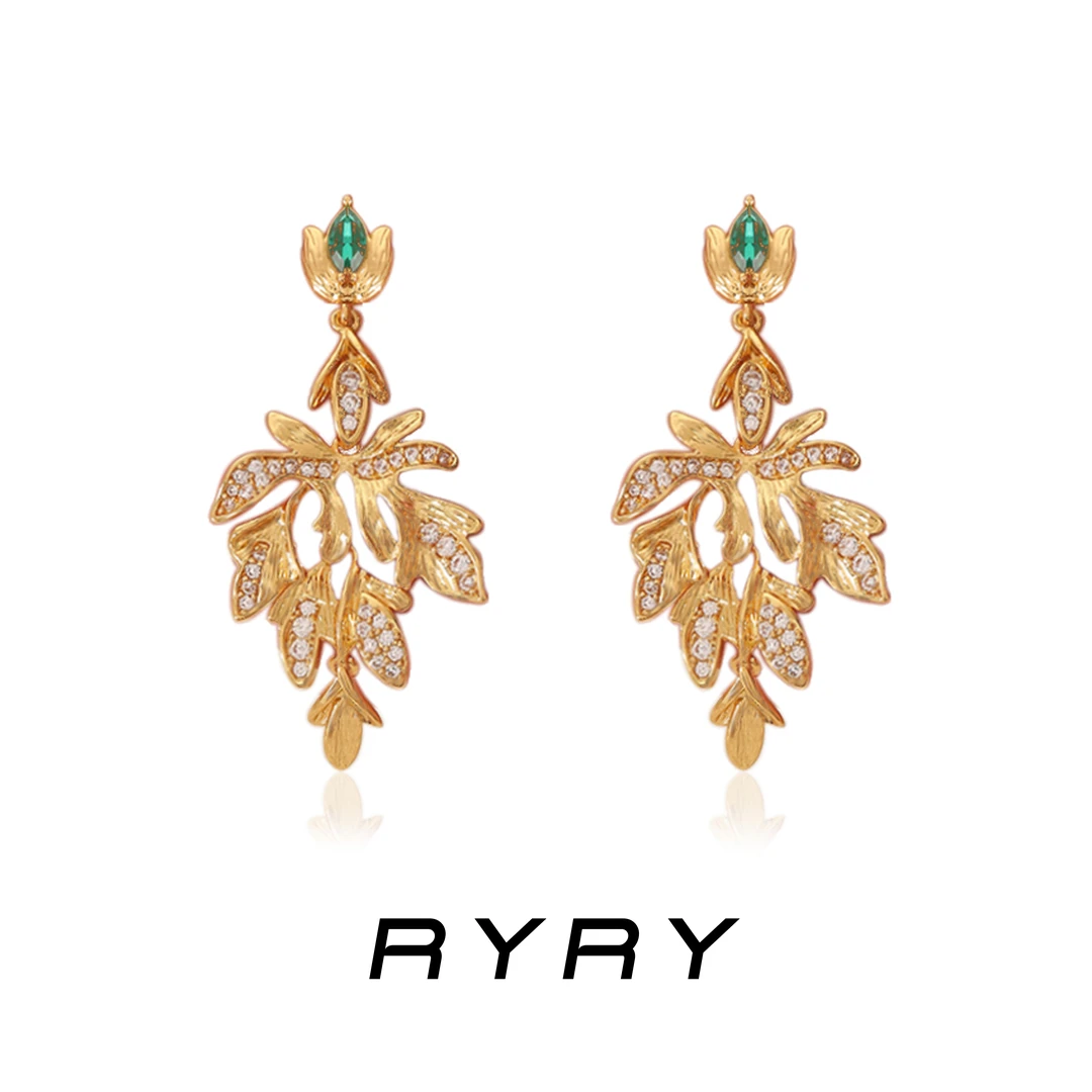 RYRY 铜合金耳饰 中古宫廷风设计感微镶锆石树叶耳环精致气质耳坠