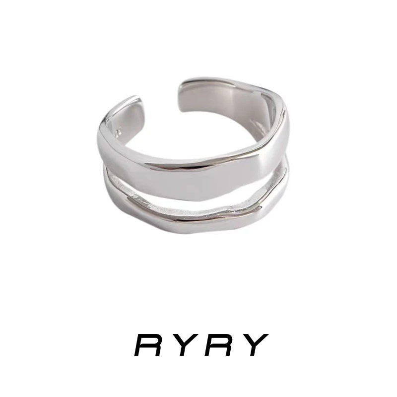 RYRY 925银戒指 气质轻奢时尚小众简约不规则几何双层银色戒指