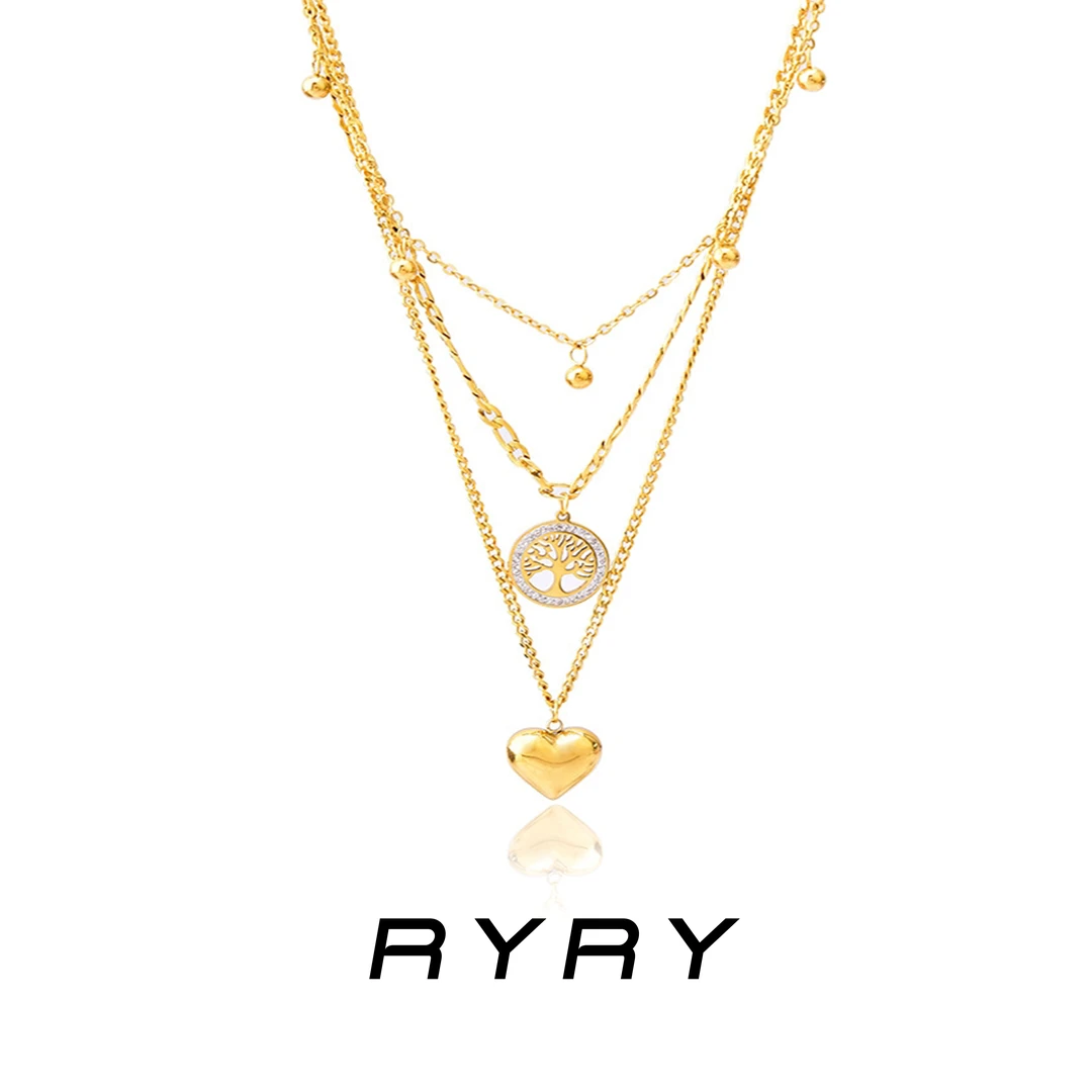 铜合金项链 RYRY欧美气质小金豆三层锁骨链女满钻生命树吊坠项链
