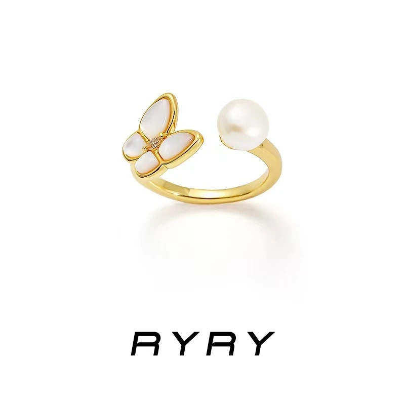 RYRY 铜合金戒指 气质时尚百搭简约精致蝴蝶珠珠开口戒指