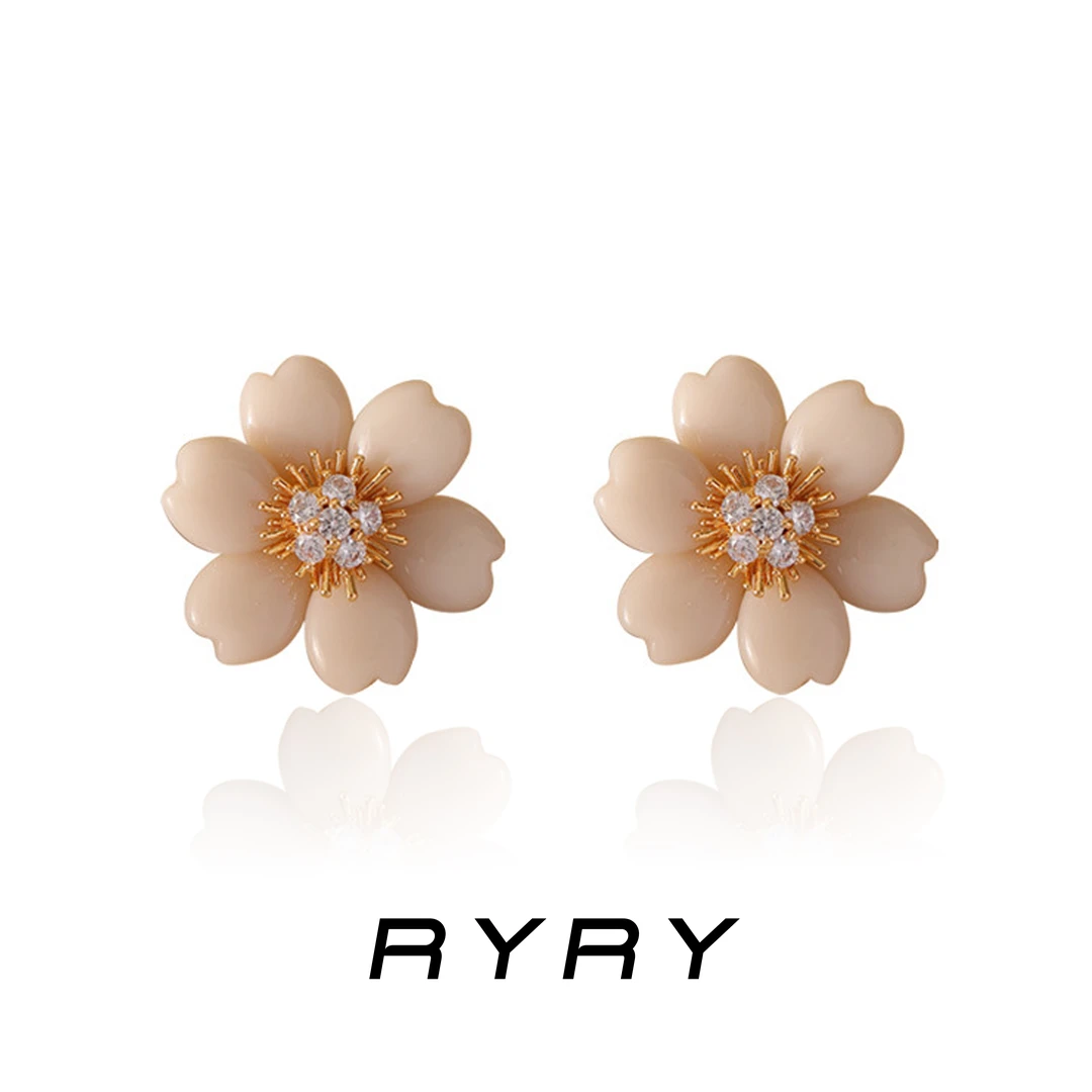 RYRY 铜合金耳饰 法式复古锆石花朵高级感优雅气质精致中古耳饰女