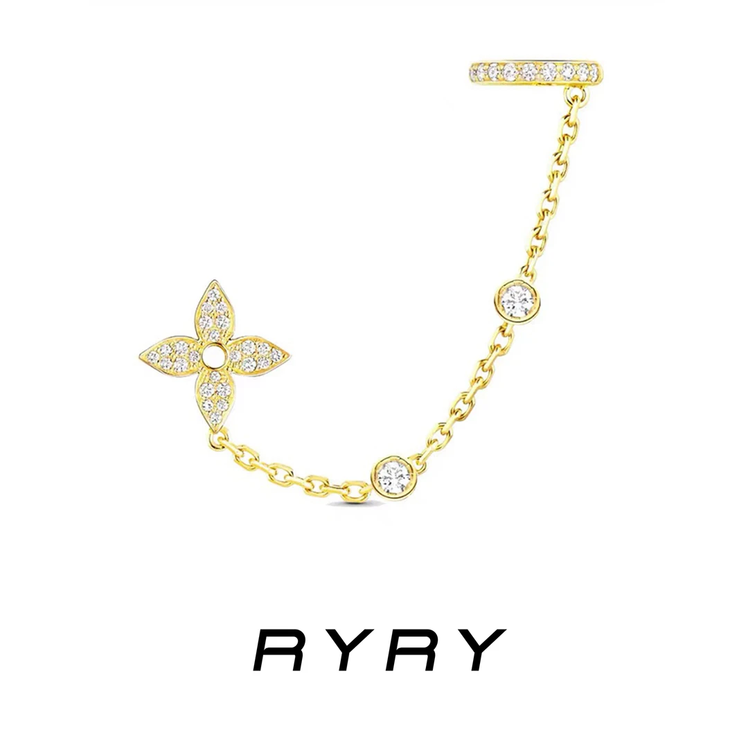 RYRY 铜合金耳饰 气质轻奢时尚百搭小众简约满锆四叶草耳骨夹