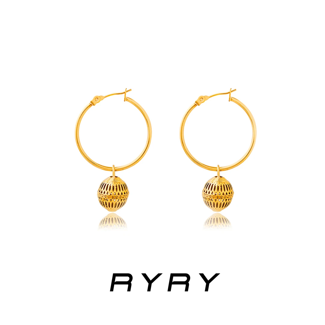 RYRY 铜合金耳饰 铜法式立体小灯笼镂空吊坠坚果造型大圈圈耳饰