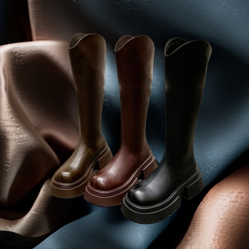柚子有茗2024新款秋冬小个子厚底不过膝瘦瘦长靴子v口高筒骑士靴