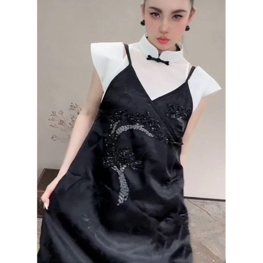 今年流行漂亮新中式国风套装时尚白色t恤吊带裙两件套女2024夏季