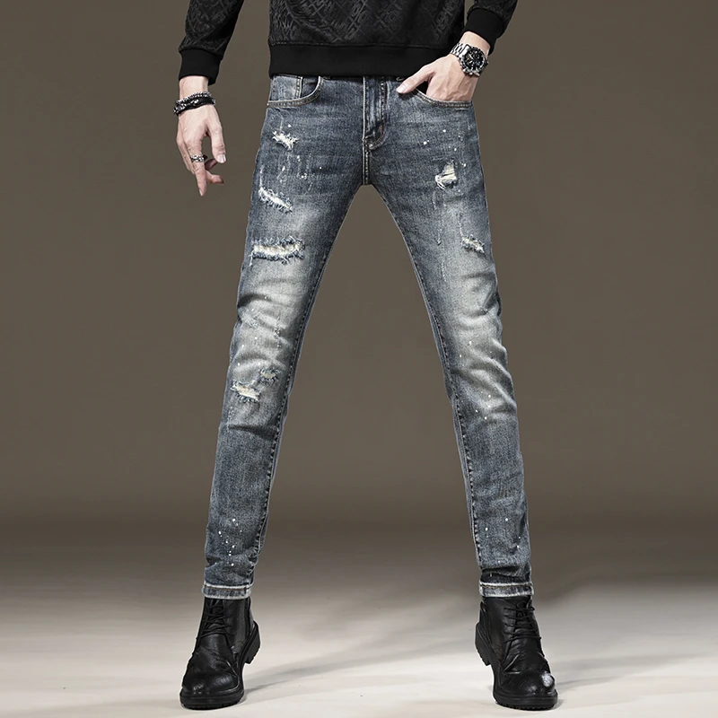 男士百搭修身小脚2023秋冬新款牛仔裤男破洞弹力韩版个性蓝色长裤