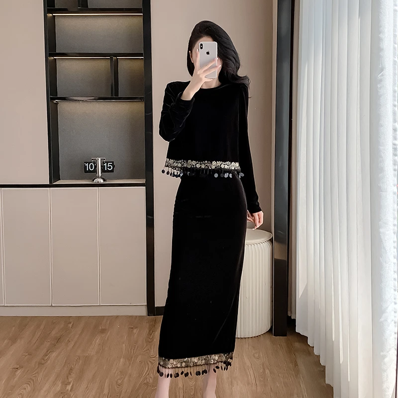 2025秋季新款圆领丝绒亮片流苏韩版宽松显瘦气质百搭长款两件套装