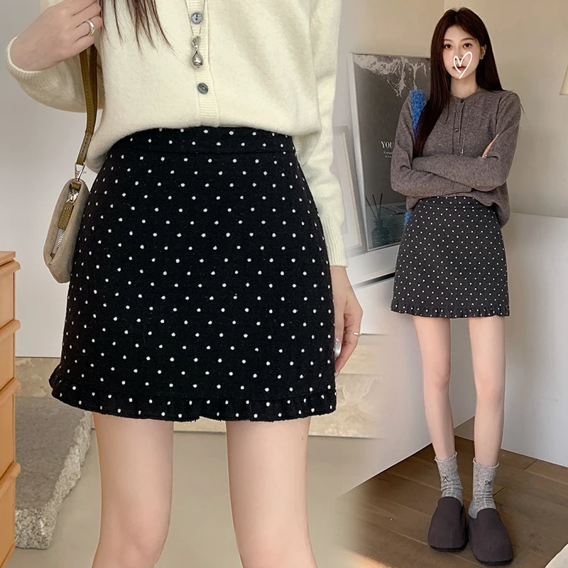 秋冬新款黑色百搭毛呢a字裙木耳边防走光高腰半身裙小个子包臀裙