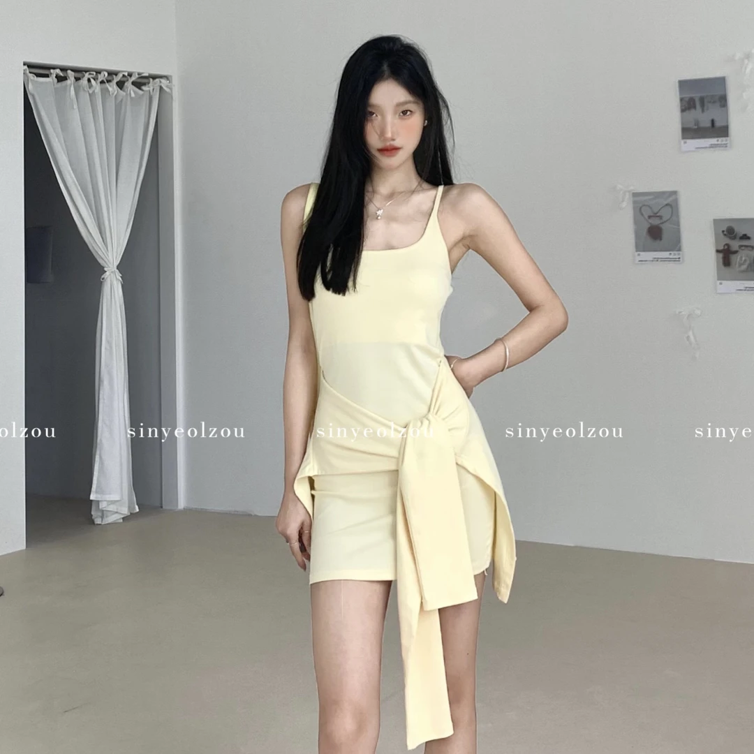 sinyeolzou 清*no退换 #4087 鸡蛋黄绑带针织裙