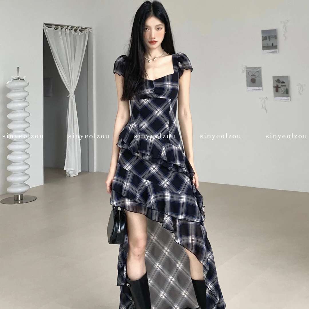 sinyeolzou 清*no退换 #4096 格纹藏青雪纺连衣裙