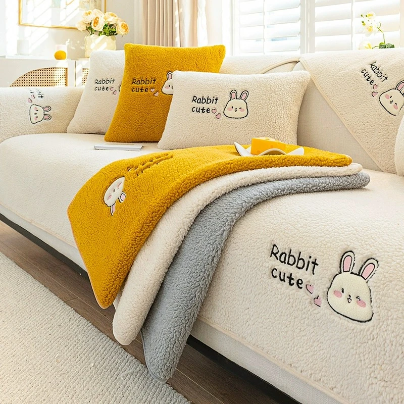 羊羔绒暖绒沙发垫冬季加厚毛绒卡通风沙发套罩新款2023靠背盖布巾