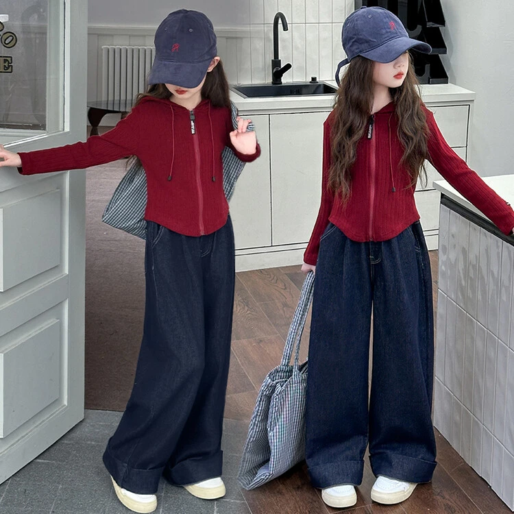 女童针织开衫牛仔阔腿裤套装春秋2024新款中大儿童秋季时尚两件套