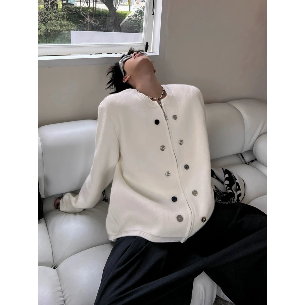 小众设计感针织衫男秋季新款法式双排扣宽松拉链长袖毛衣外套chic