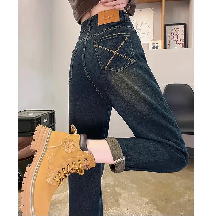 2024秋冬大码梨形复古哈伦小个子时尚高腰宽松显瘦老爹裤牛仔裤潮
