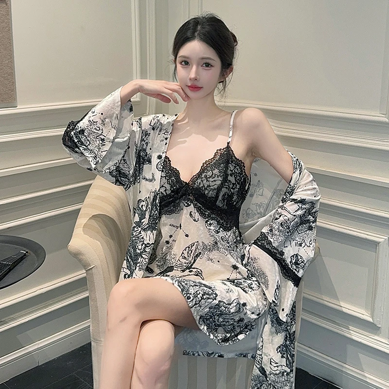 水墨画两件套2024新款秋冬季金丝绒睡衣女带胸垫性感睡袍女士春秋