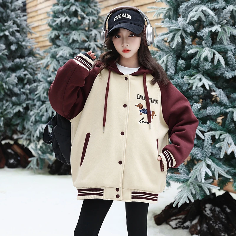 女大童加绒外套秋冬2024新女童初中生夹棉保暖开衫棉服加厚冬装潮