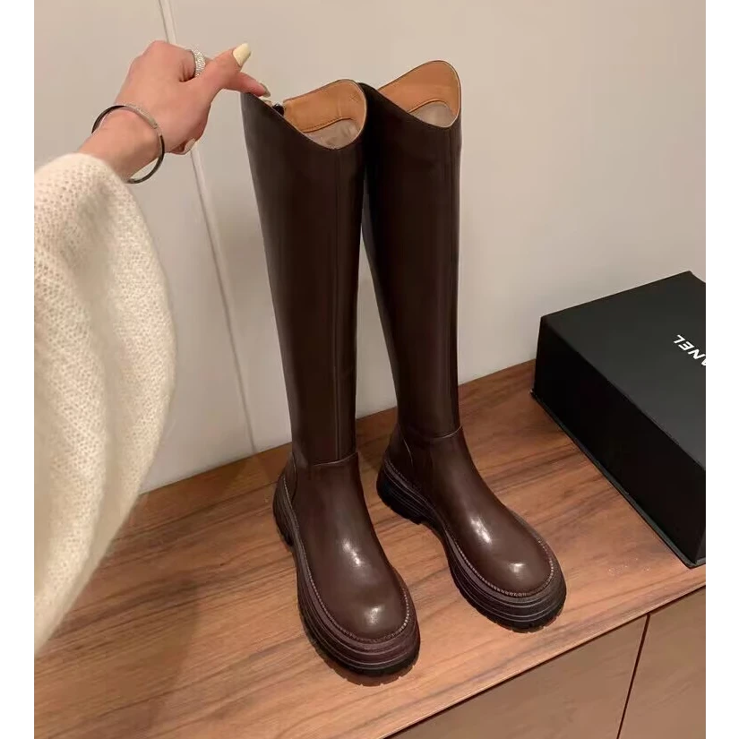 欧美风设计师款真皮圆头v口长靴女显瘦厚底加绒骑士靴粗腿高筒靴