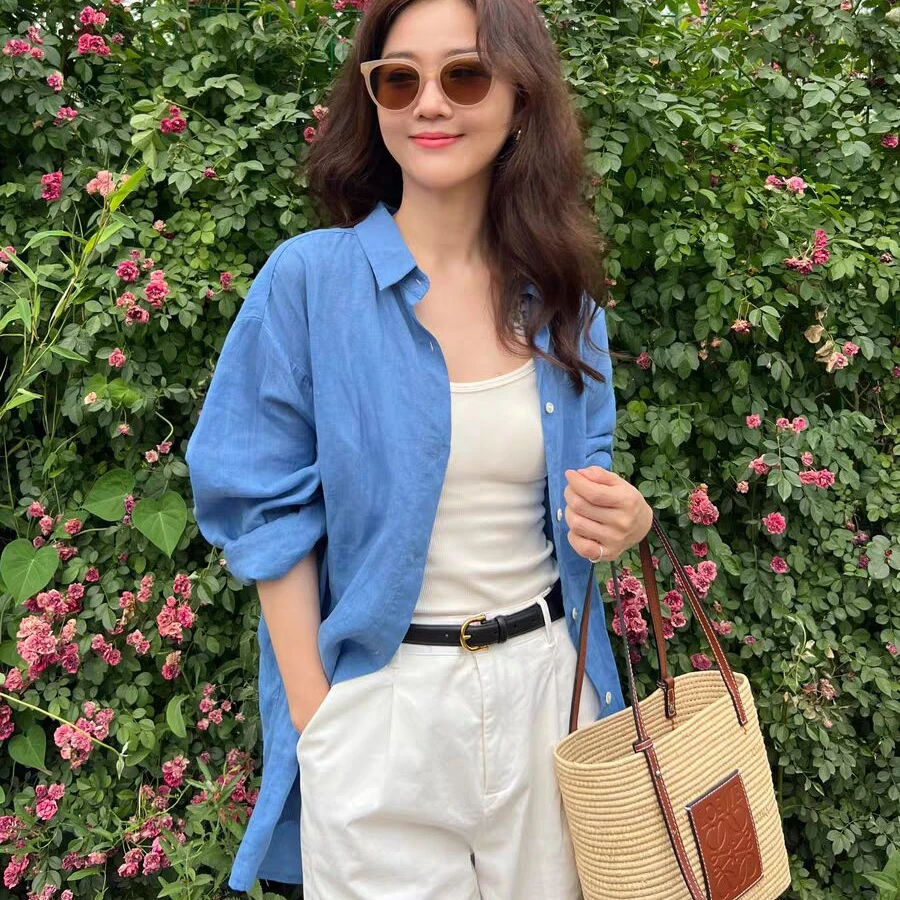 韩版法式蓝色棉麻长袖衬衫女气质薄款宽松防晒衬衣时尚小众感上衣