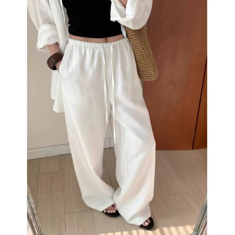 韩版时尚阔腿裤裤子女宽松白色薄款抽绳高腰显瘦直筒休闲拖地裤