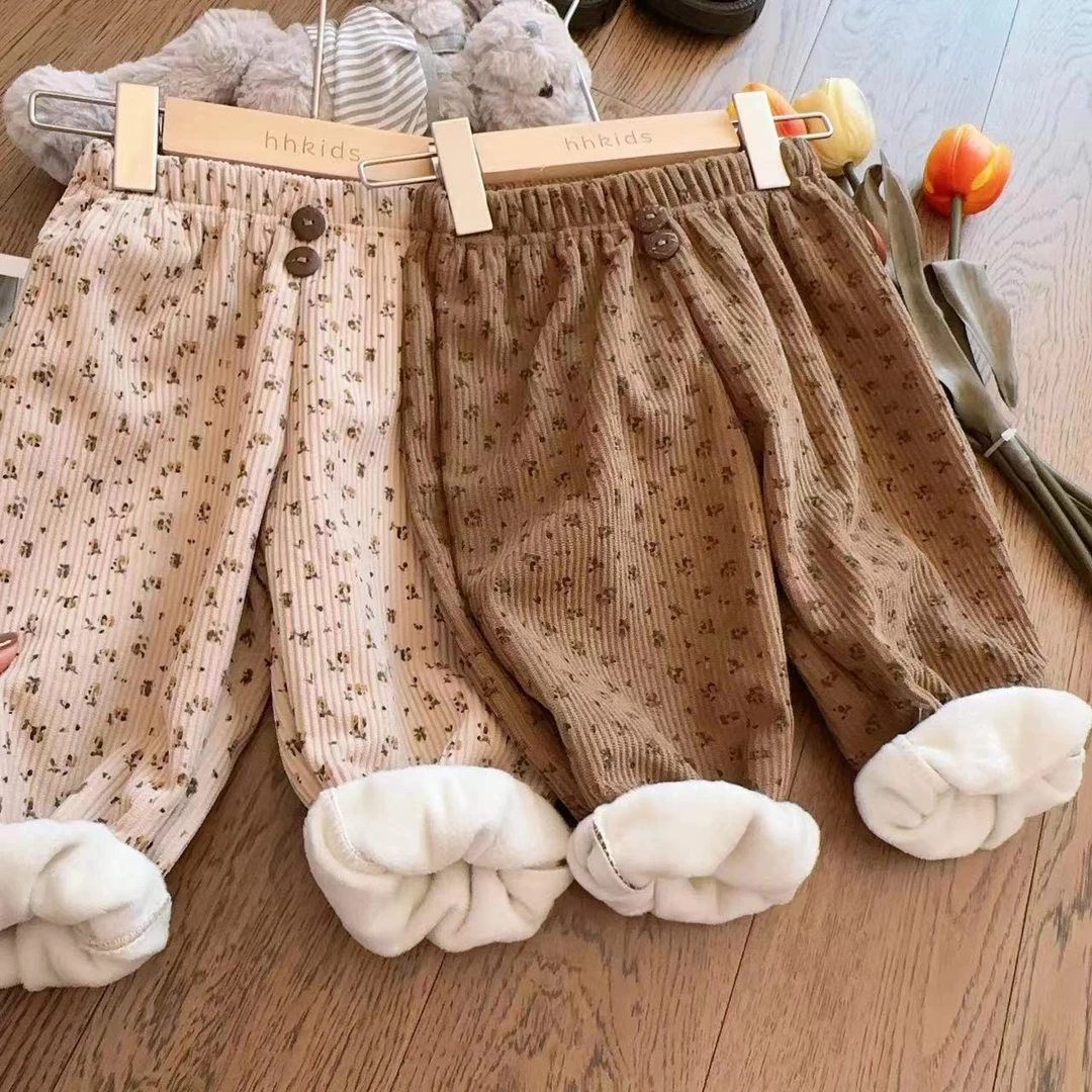 加绒森系碎花奶奶裤儿童冬季灯芯绒宝宝休闲裤