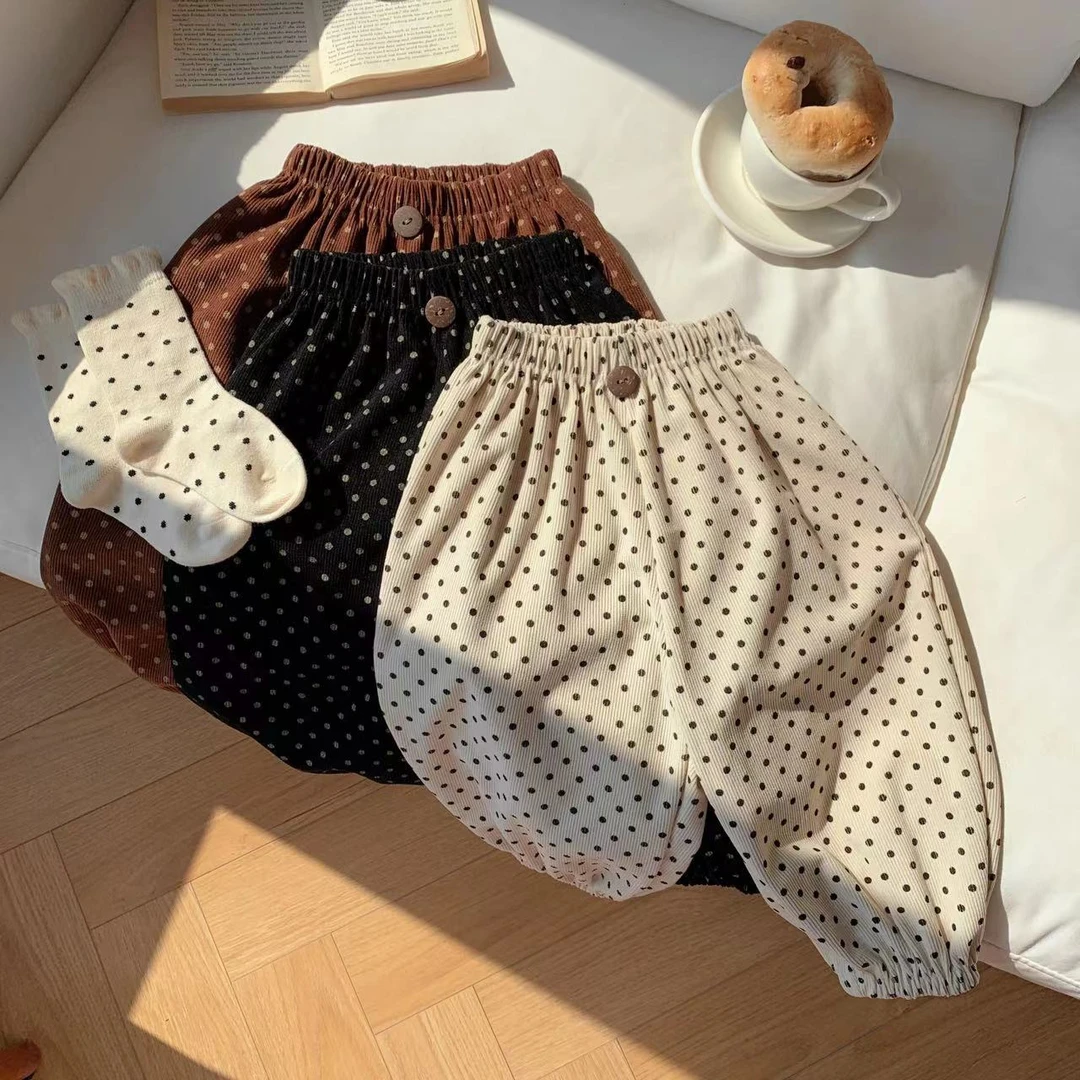 儿童秋季韩系波点灯芯绒萝卜裤简约百搭休闲裤