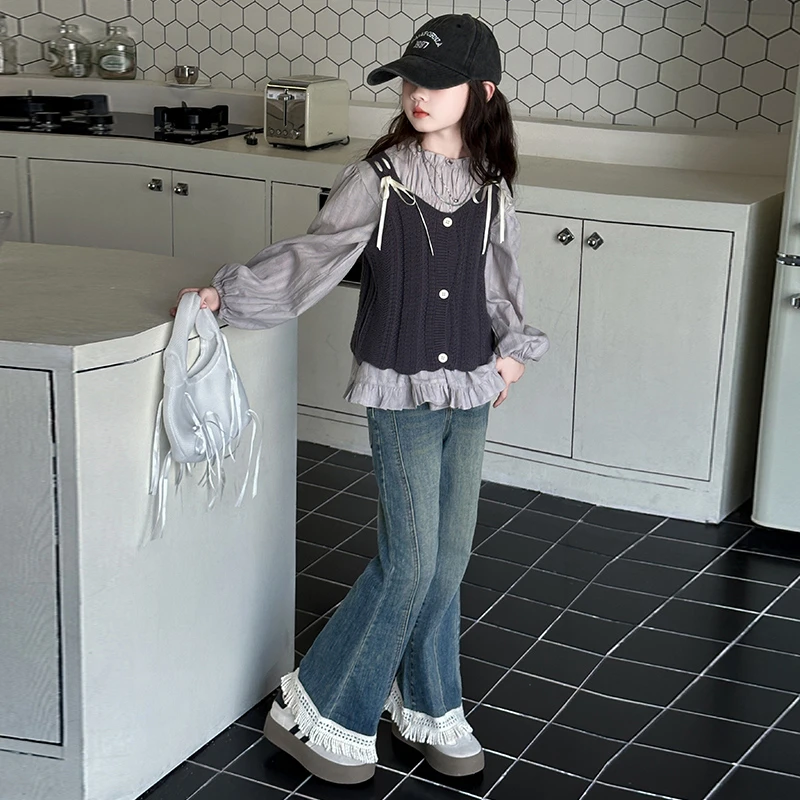女童套装春秋季2025新款毛衣娃娃衫牛仔裤三件套时髦女孩春款洋气