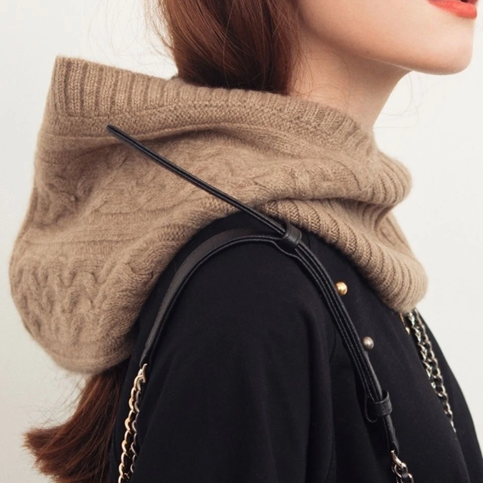 羊绒连帽围脖欧美街头潮流绞花纯色保暖网红围巾帽子一体日韩系女