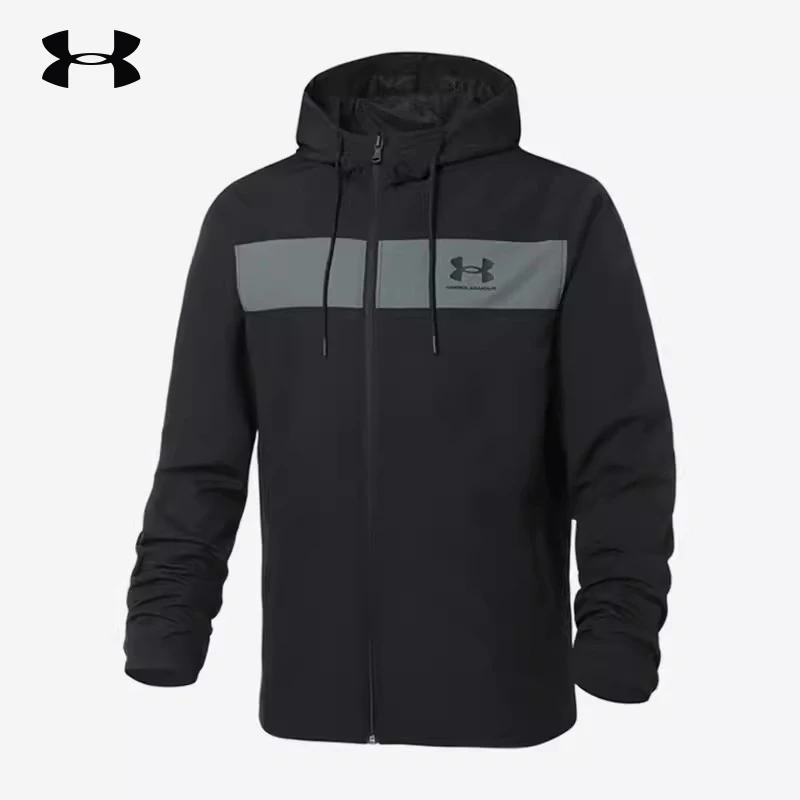 安德玛新款男子宽松跑步健身透气速干运动休闲梭织连帽夹克外套男