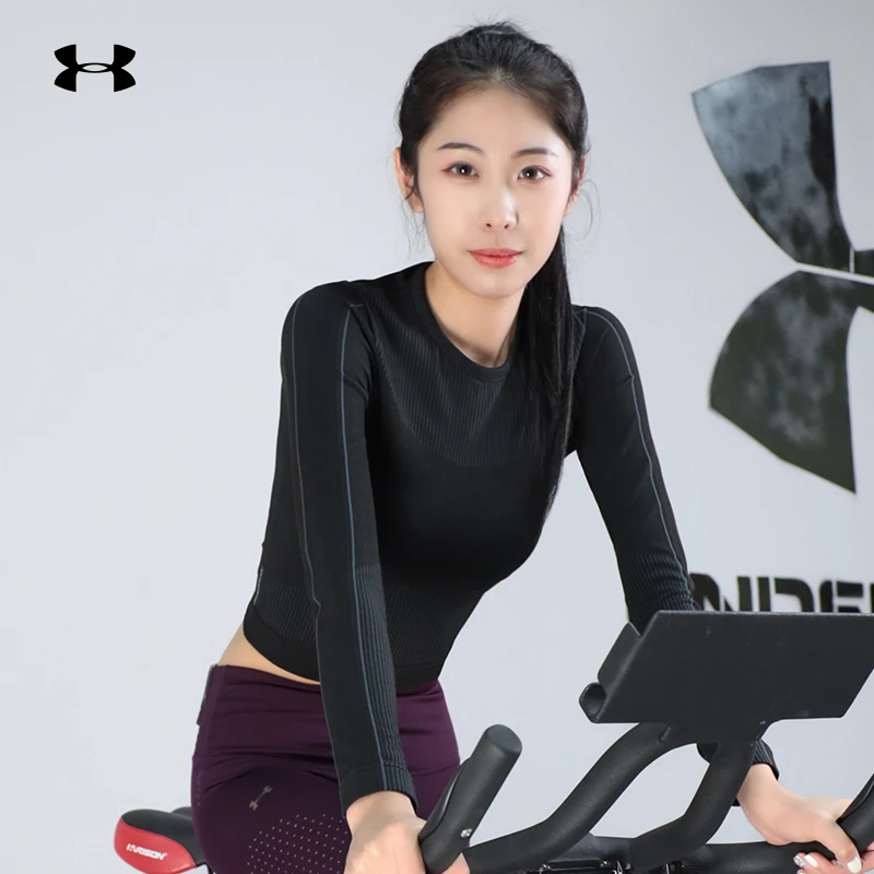 安德玛官方UA正品RUSH Seamless女士上衣健身瑜伽运动黑色长袖T恤