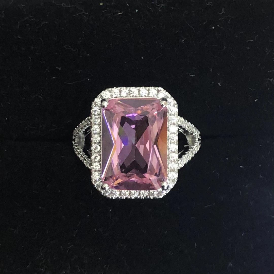 1124粉色钻戒指银色托培育开口可调节