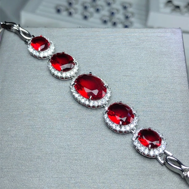 51104宝红色手链银色托美丽培育精致开口可调节