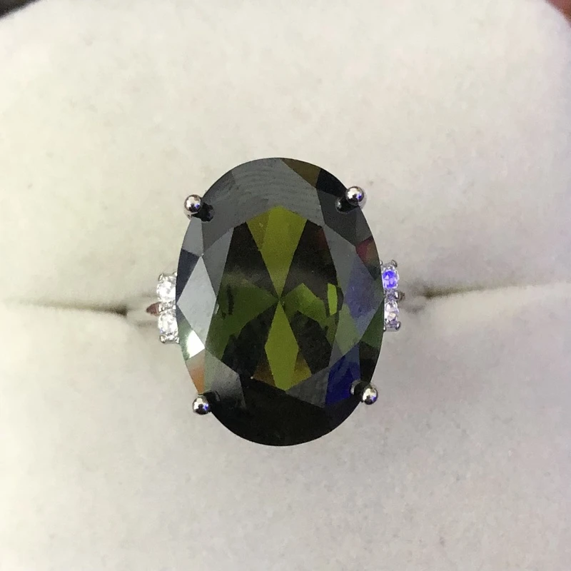 1194 橄榄绿戒指银色托开口可调节