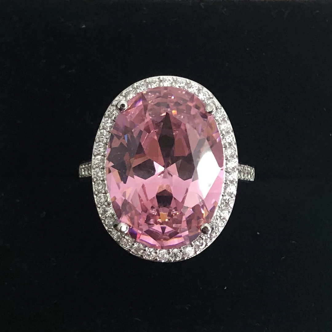 1124粉钻戒指银色托美丽漂亮培育开口可调节