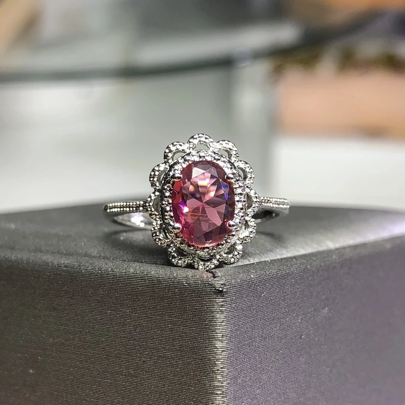 11114 玫红碧戒指银色托开口可调节