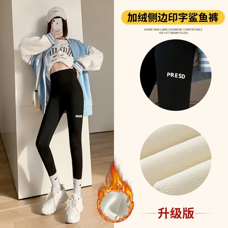 鲨鱼裤380G侧边印字加绒加厚羊羔绒鲨鱼裤显瘦打底裤