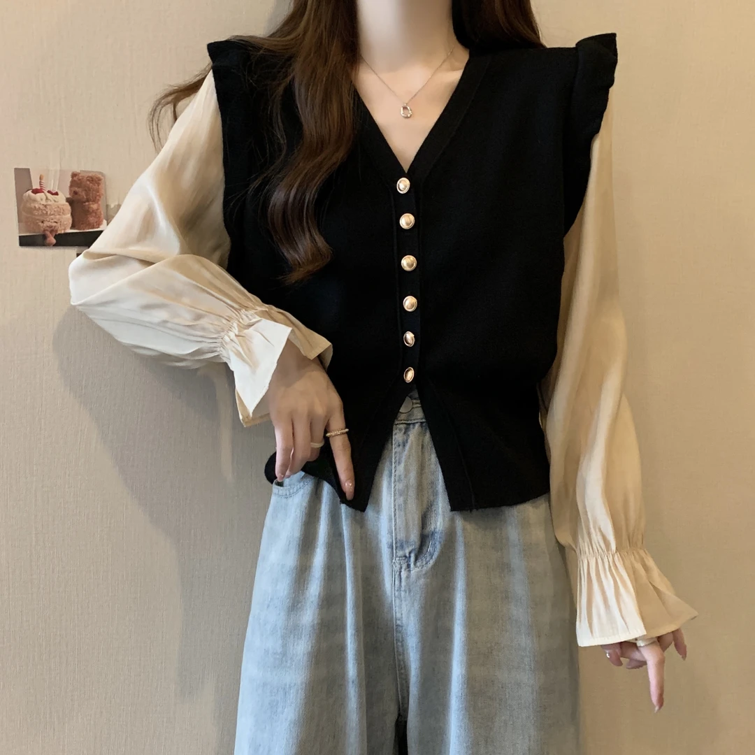 大码女装V领拼接荷叶边长袖开衫女秋冬胖妹妹假两件显瘦针织上衣