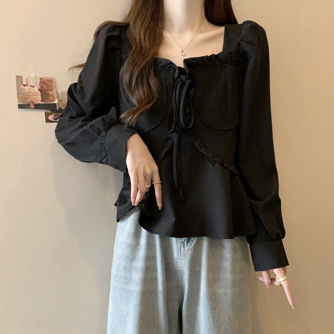 大码女装法式方领内搭长袖衬衫女秋冬胖MM宽松显瘦黑色上衣打底衫