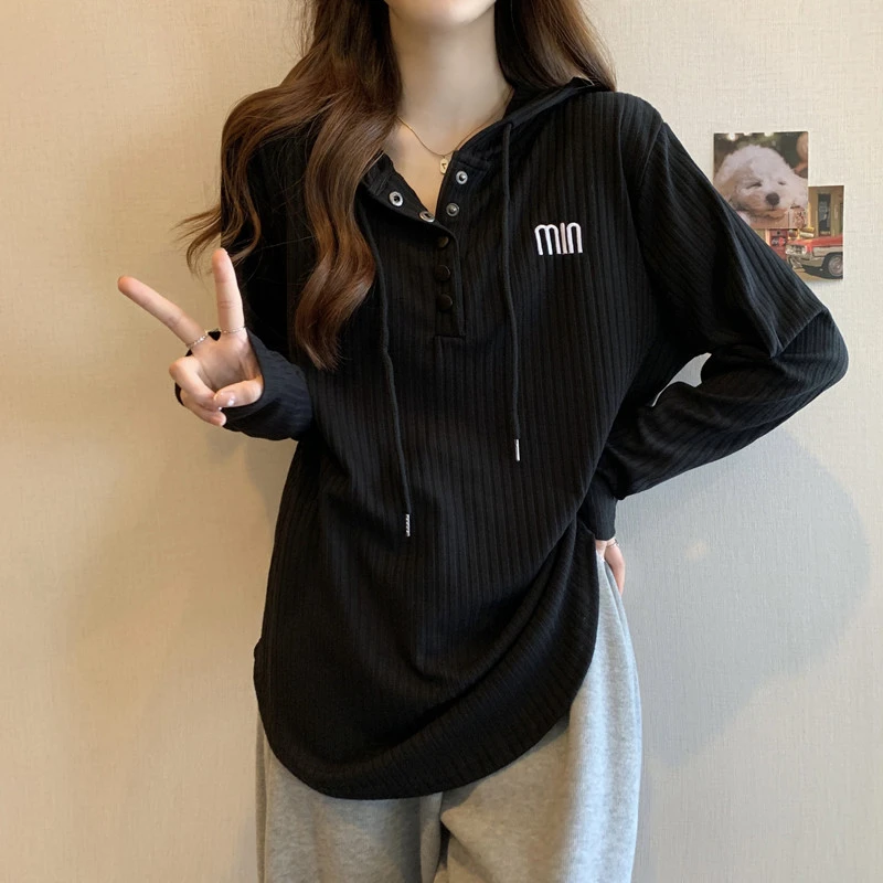 大码女装慵懒风连帽长袖打底衫女秋冬胖妹妹宽松显瘦针织内搭上衣