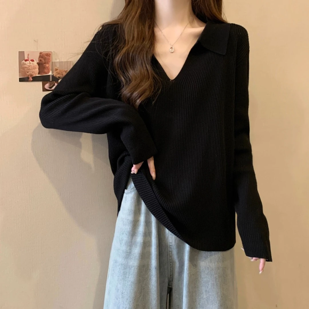 大码女装polo领宽松长袖打底衫女秋冬新款胖MM遮肚子显瘦针织上衣
