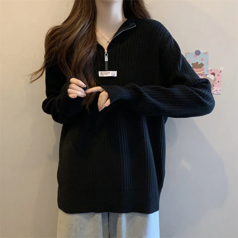 大码女装拉链半高领长袖针织衫女秋冬新款胖MM宽松显瘦毛衣打底衫