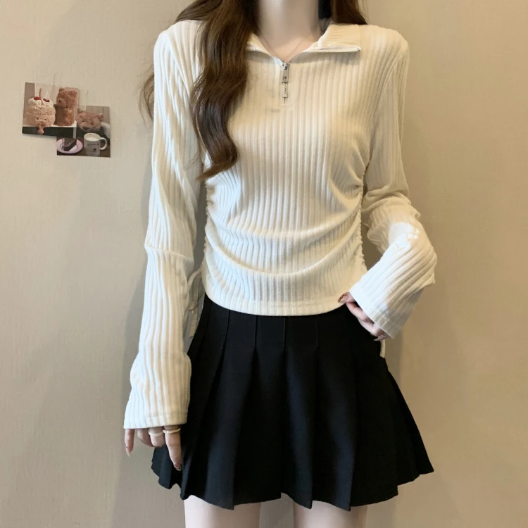 大码女装Polo领拉链抽绳长袖T恤女秋冬胖MM修身显瘦针织打底上衣