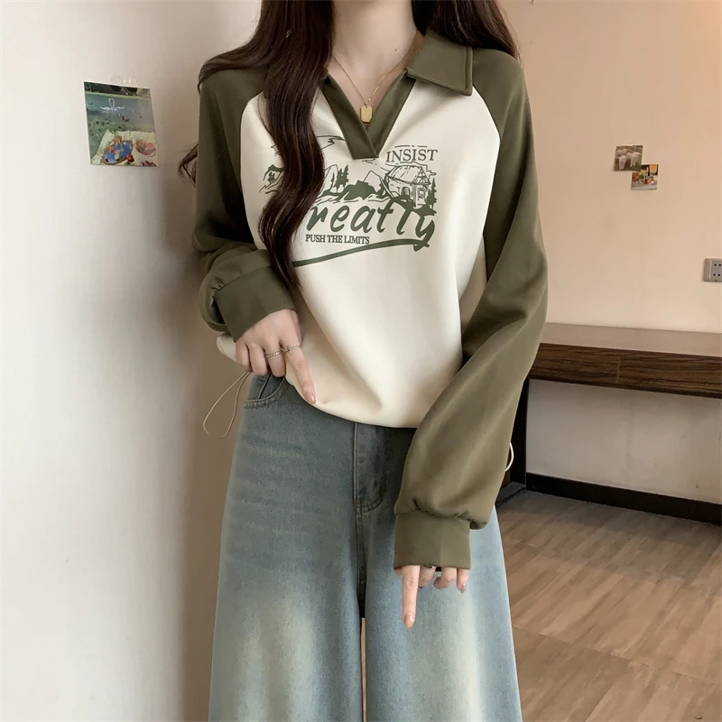 大码女装polo领慵懒风长袖卫衣女秋冬胖MM宽松显瘦撞色上衣打底衫